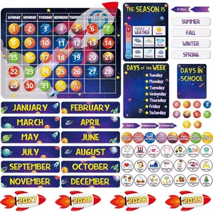 100 count Cartoon Space Calendar Bulletin Board Outer Space Classroom Decorations School Calendar for Classroom Supplies with Numbers Month Seasons Weather Festival  to School Chalkboard Wall Decor