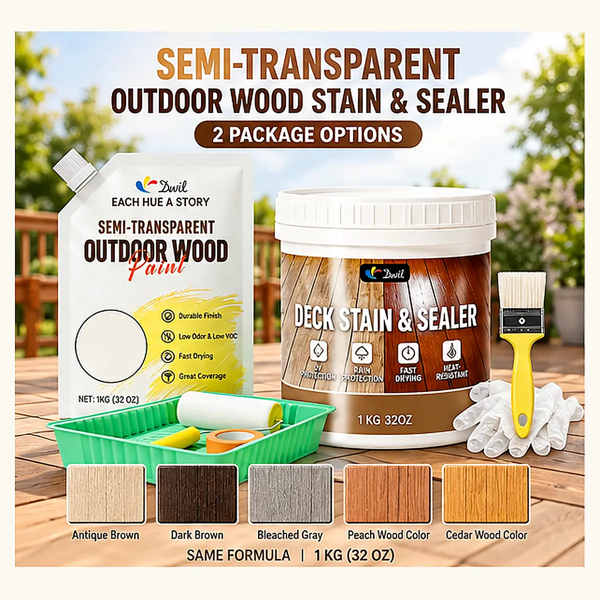 Semi-Transparent Outdoor Wood Stain & Sealer, Water-Based Deck Stain & Wood Finish, Fast Drying Low Odor Exterior Wood Stain for Decks, Fences, Patio Furniture & Pergolas, 1 KG / 32 OZ