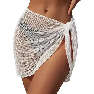 Sequin Sarong Wrap for Women Crochet Beach Cover Up Sheer Bikini Skirt Sparkly Swimsuit Coverups Mesh Swimwear Wrap Coverup for Pool Party
