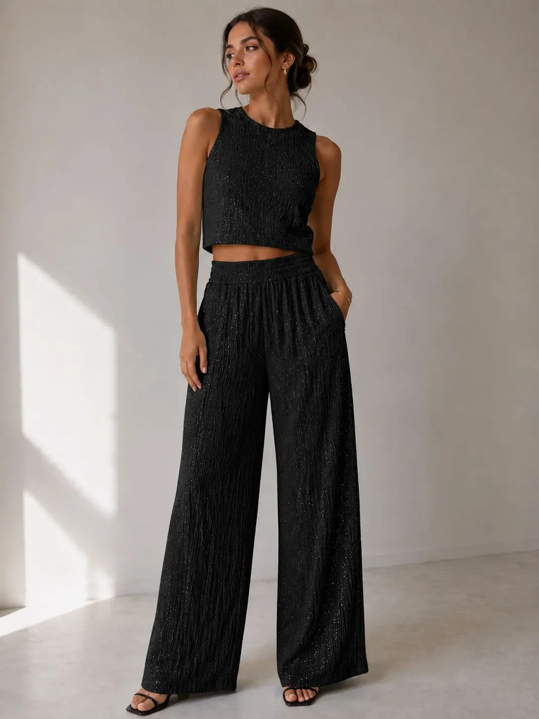 Crinkled Rhinestone Crop Top Loungewear Pant Set Stretch Fabric