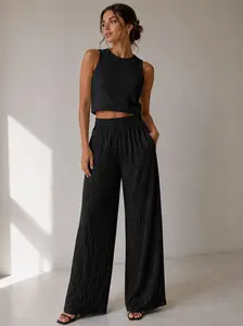 Crinkled Rhinestone Crop Top Loungewear Pant Set Stretch Fabric