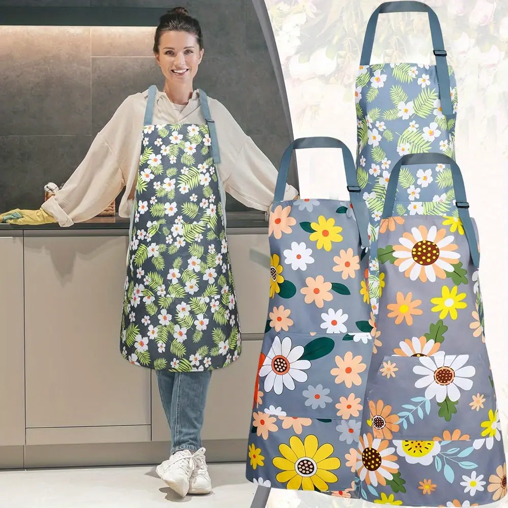 3 Pack Floral Aprons with Pocket, Blooming Womens Aprons Waterproof Adjustable Cooking Apron for Kitchen Gardening