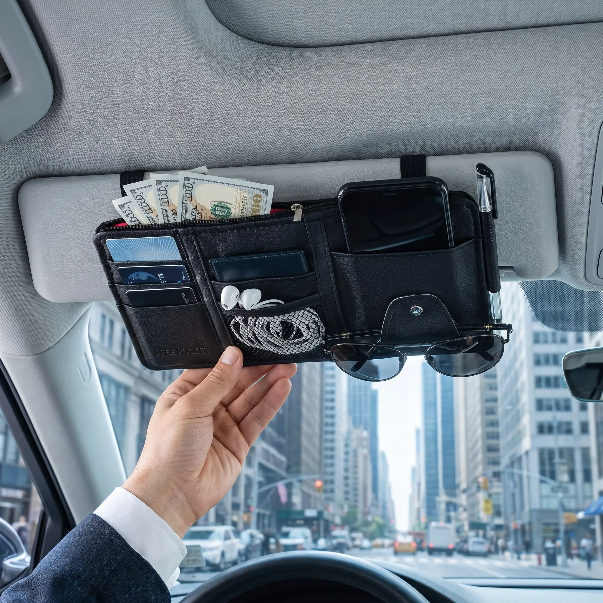 Car Sun Visor Organizer, Multi-Pocket Car Visor Storage Pouch, Vehicle Sun Visor Holder for Cards, Glasses, Phone and Pens