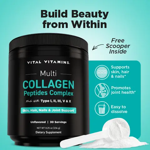 Multi Collagen Peptides Powder | Boost Optimum Hair, Skin, Nails, Joints & Gut Health | Unflavored, Easy to Mix | Types I, II, III, V, X Collagen | 30 Servings