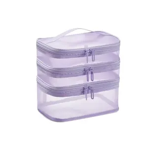 Three-Layer Portable Makeup Organizer Bag, Large Capacity Nylon Travel Cosmetic Pouch with Handle, Unisex, Ideal for Home and Travel Use, Travel Cosmetic Bags