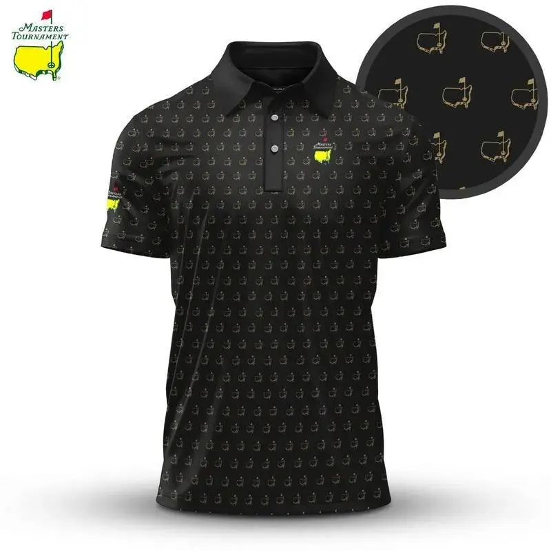 Men’s Classic Black Masters Print Golf Polo Shirt 2026 Breathable Lightweight Short Sleeve Casual Wear