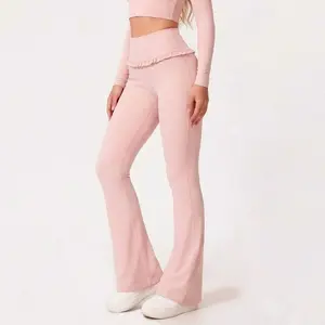 【MISMI】Women's Solid Colors High Waistband Stretch Flared Yoga Pants with Lace Trim,Casual Outdoor Running Sportswear, Comfortable Long Trousers, Athleisure Style Bottoms, Ideal for Everyday Wear & an Active Lifestyle Pink
