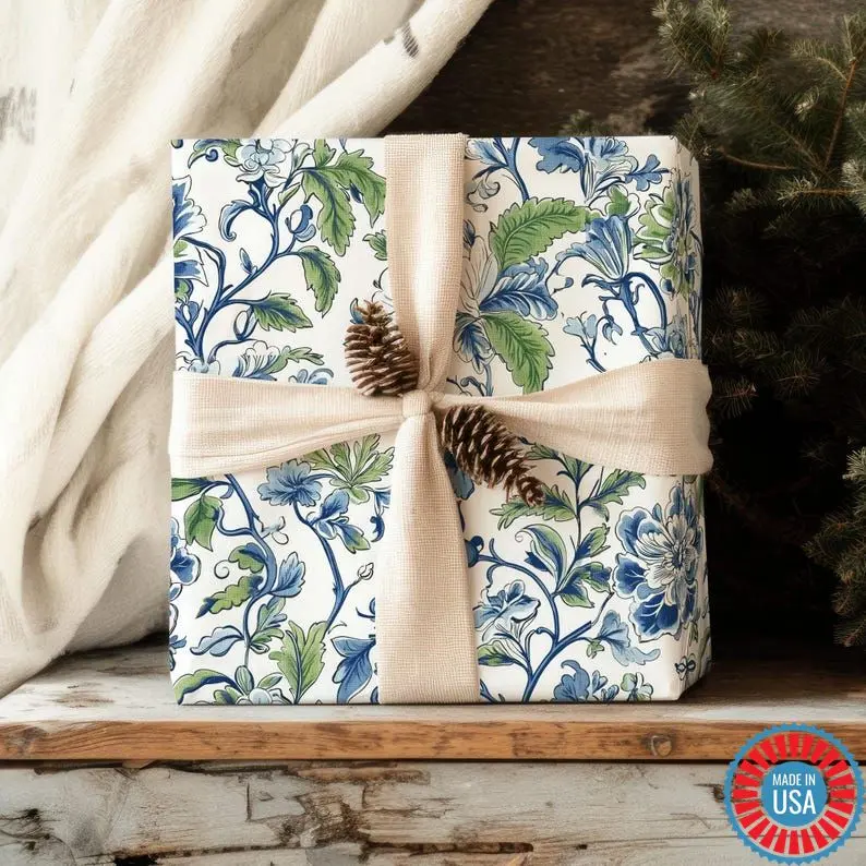 Blue & Green Chinoiserie Floral Gift Wrap, Elegant Floral Wrapping Paper, Luxury Gift Wrap for Christmas, Mother's Day, Hostess Gift
