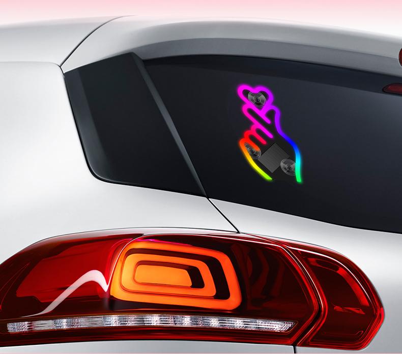 Solar Car Heart Gesture Light, LED Wireless Decorative Warning Light, Interior Ambient Light for Triangle & Rear Window