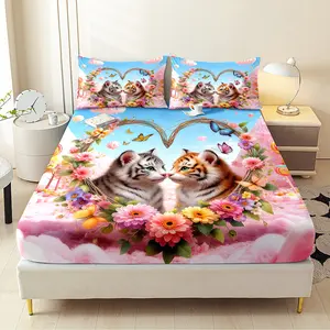 3pcs Cute Tiger Fitted Sheet Set All Seasons Decorative Mattress Cover Animal Mattress Protector Boho Bedding Set Bedroom Decor for Home Guest Room Decor 1 Fitted Sheet+2 Pillowcases Without Core