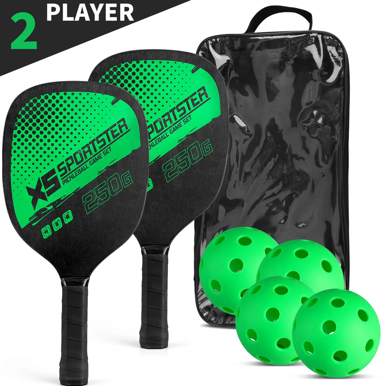 Complete Pickleball Game Set - 2 Pickleball Paddles, 4 Pickleballs & Storage Bag for All Skill Levels, Green Black pickle ball