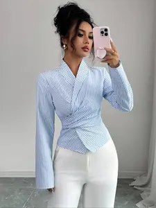 Women's Striped Shirt, Cross Neck Waist Cinched Back Bow Top, Elegant Design, Perfect for Casual and Party Occasions, Fashion Essential, Casual Classy Fashion