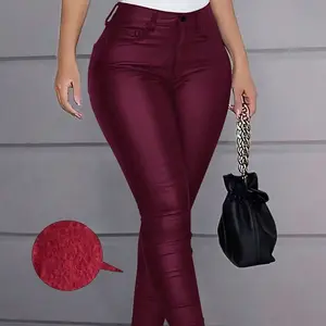 High-Waist Thermal Lined PU Leather Skinny Cropped Pants for Women - Cozy Lining, Punk Vibe, Ideal for Music Festival & Casual Outfits Fabric Womenswear