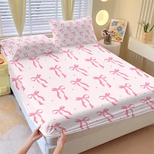 Pink Bow Fitted Sheet Set, 1 Fitted Sheet + 2 Pillowcases - 3 Piece Soft Breathable Fabric Deep Pocket Bedding, Sweet Bow Pattern Bed Sheets for Girls Bedroom Decor, Full Size