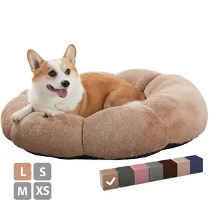 OhGeni 31 inches Calming Donut Dog & Cat Bed for Medium Pets, Warming Comfort Fluffy Short Pile Fur, Durable Waterproof Machine Washable Removable Cover, Cute Round Bed for Puppy, Camel
