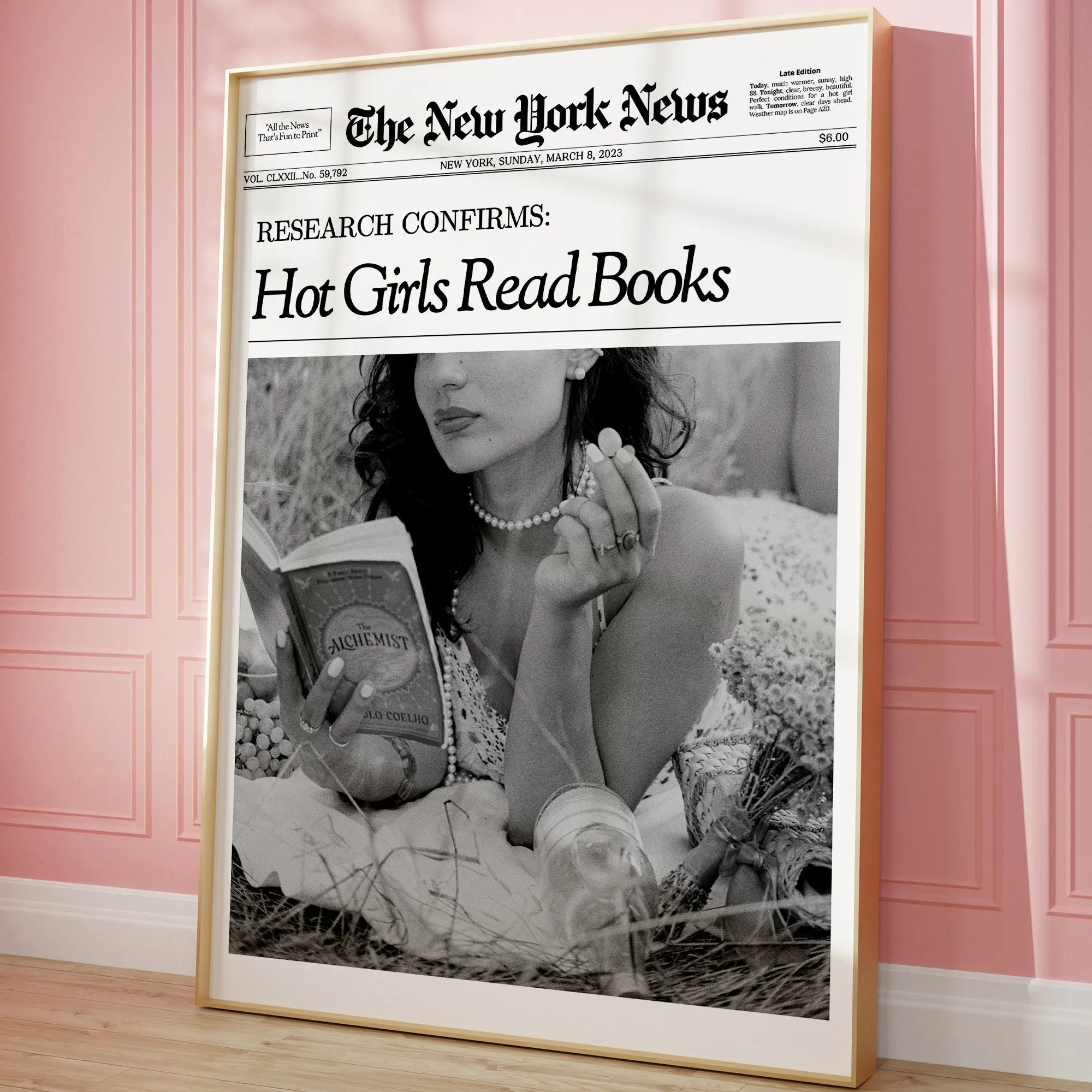 Girly Trendy Wall Art, New York News Print Unframed, Hot Girls Read Books Newspaper Poster, Magazine Headline, Vintage Bar Cart, Girly It Girl Dorm Retro Decor