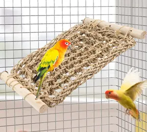 Conure Ladder Perch for Cage, Bird Seagrass Ladder Bridge Exercise Stands, Natural Hand-Woven Parrot Net Climbing Chewing Hammock, Cage Accessories for Lovebird Conure Budgie Parakeet