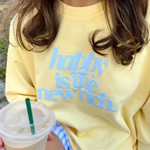 PUFF 'Happy is the New Rich' Lightweight Sweatshirt, 3D PUFF Print Comfort Colors Premium Crew Comfy Women