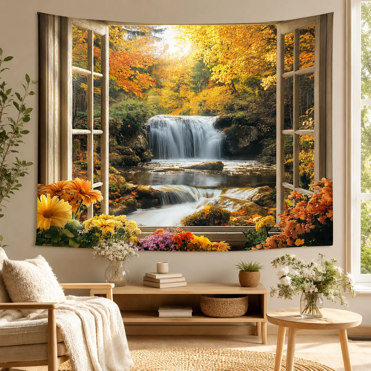 Autumn Window View Tapestry Wall Hanging, Fall Forest Pumpkin Cabin Backdrop for Bedroom Living Room Dorm Seasonal Decor