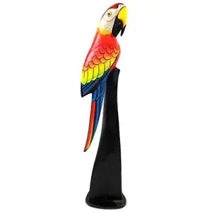 Red Wooden Parrot Sculpture Statue on Post Stand Handmade Tropical African Parrot Head Art