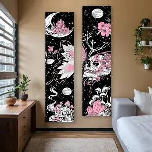 Skull & Flower Pattern Wall Tapestry, 2 Counts/set Moon & Stars Pattern Long Narrow Tapestry, Wall Hanging Decor for Home Living Room Bedroom, Floral