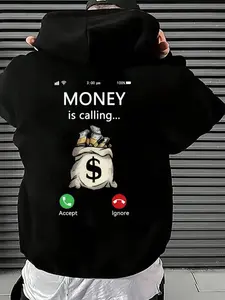 Men's Plus Size Comfortable Short Hoodie with Pocket, Money Calling Pattern Print, Casual Loose Fit Hooded Sweatshirt for Daily Wear
