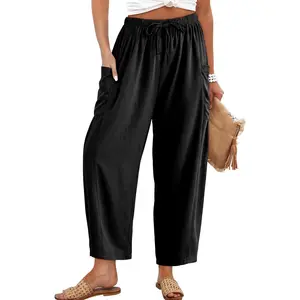 Womens Cotton Linen Pants Casual Loose Flowy Wide Leg Palazzo Harem Pants Drawstring Elastic Waist Lounge Trousers