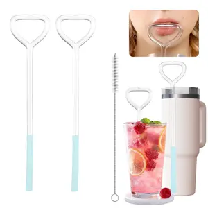 Viral Anti Wrinkle Straws, Heart Shaped Glass Lip Straws to Prevent Lip Lines, 2 Straws + 1 Brush Set for Stanley 40oz Tumblers