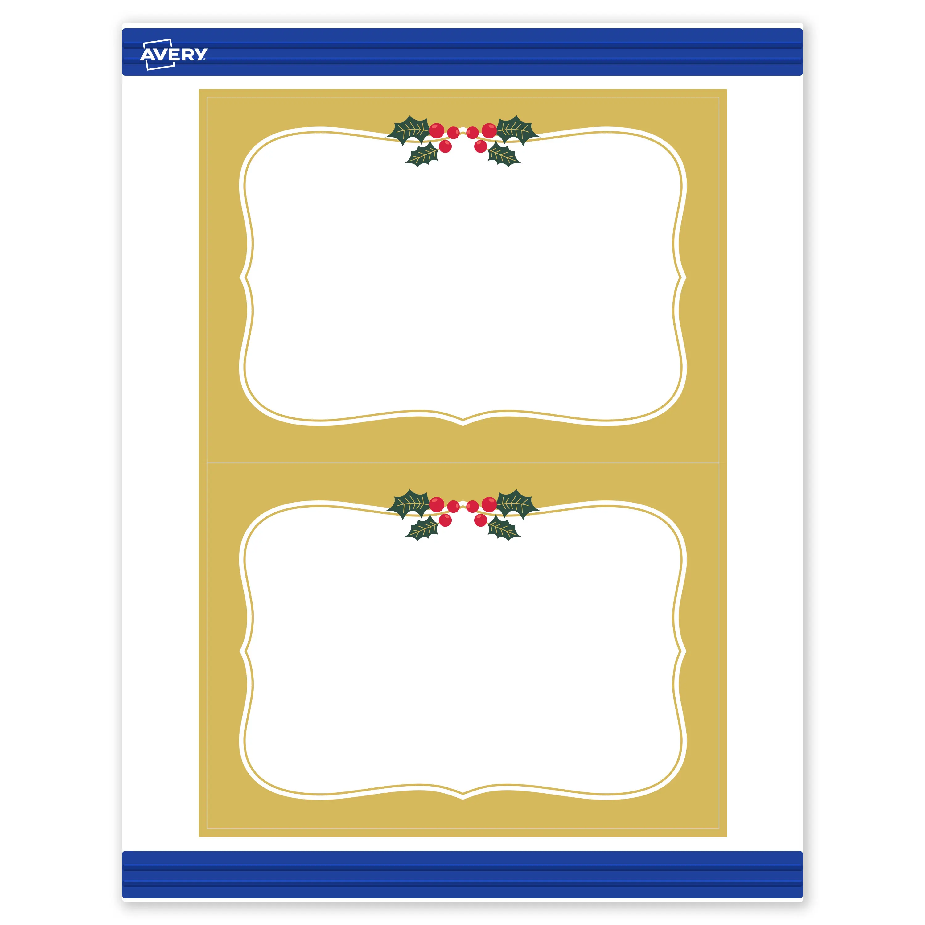 Avery® Printable Christmas Rectangle Invitation Cards, 5" x 7", Matte White, Pre-printed Metallic Gold Frame/Holly Berries Design, Sure Feed® Technology, Laser & Inkjet Compatible, 40 Total