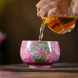 A135.Purple Peony Butterfly Enamel Ceramic Kung Fu Tea Set Large Luxury Tea Bowl