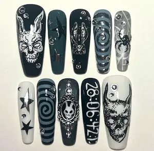 Donnie Darko Nails, Black White Spiral Gothic Nail Art Set, Bunny Mask Skull Design, Countdown Clock Details, Dark Horror Movie Inspired Press On Nails