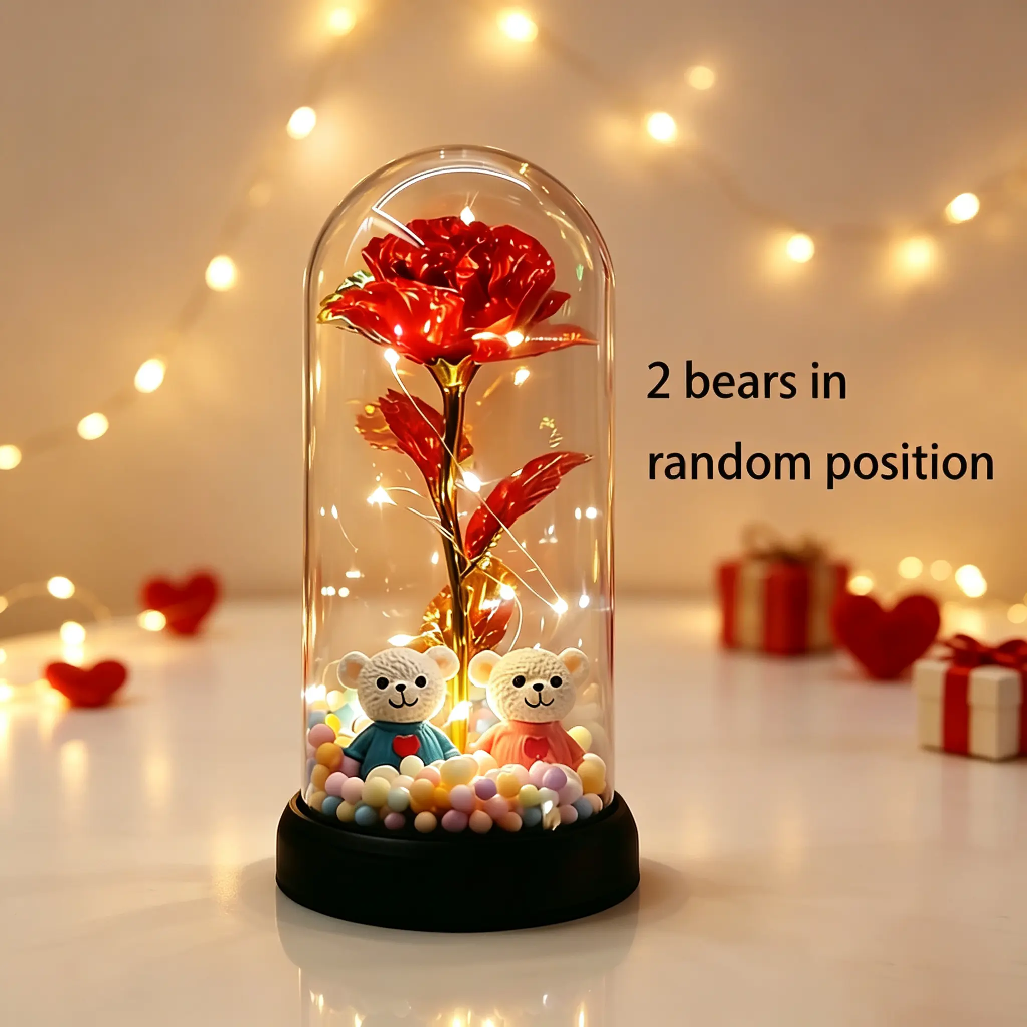 Bear-shaped Glowing Rose Night Light with 2 Bears in Random Position Rose-shaped Plastic Cover Home Room Desktop Decorative Lamp for Indoor Bedroom Study Valentine's Day Christmas Gift