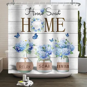 Blue Hydrangea Shower Curtain Home Sweet Bathroom Shower Curtain Rustic Floral Blue Butterfly Farmhouse Country Style Shower Curtain 60x72 Inch with Hooks