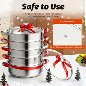 5 Tier Stainless Steel Steamer 11.81in Large Capacity Fast Heating Multi Function Easy Clean Dishwasher Safe for Seafood Vegetables All Stoves Cookware Broccoli