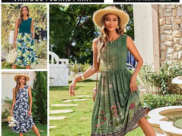 Women's Summer Tank Midi Dress with Pockets Sleeveless A-Line Dress Casual Floral T-Shirt Dress Flowy Beach Sundress