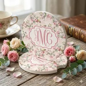 Pink Floral Monogram Car Cup Holder Coaster, Elegant Personalized Girly Car Accessory, Decorative Car Interior Gift for Women