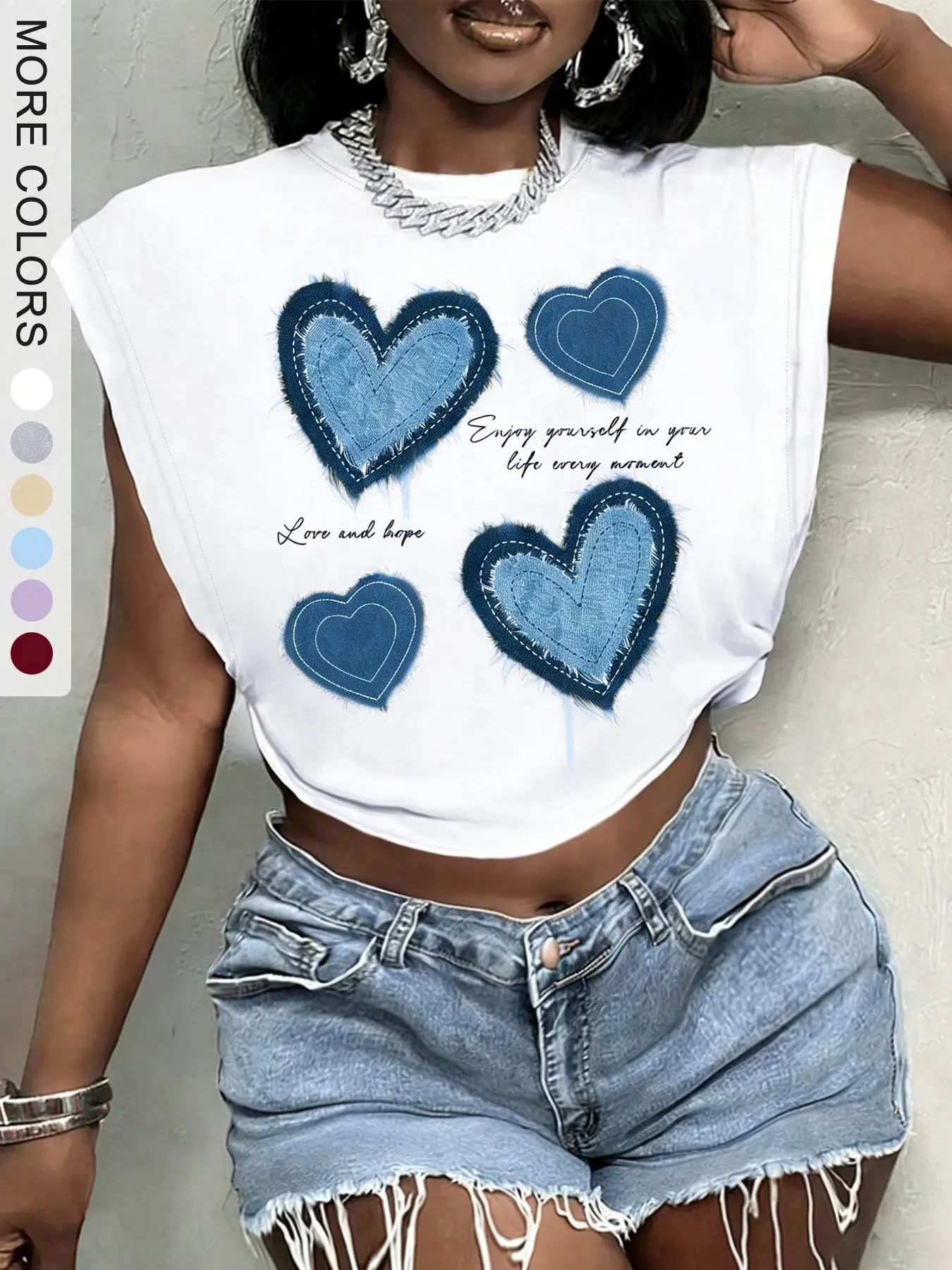 Women's Casual Fashion Sleeveless Vest Top, Denim Heart Iron Print, Geometric, Casual Street Style, Loose-Fitting Oversized Long Shirt, Daily Wear，Streetwear，Summer Outfits，Streetwear