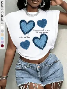 Women's Sleeveless Vest Top, Denim Heart Iron Print, Casual Street Style, Loose-Fitting Long Shirt, Daily Wear，Streetwear，Summer Outfits，Streetwear