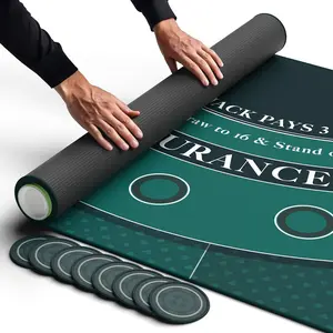 Blackjack Mat 70" x 30" in Zipper Storage Bag with 8 Coasters in Gift Box | Traditional Green