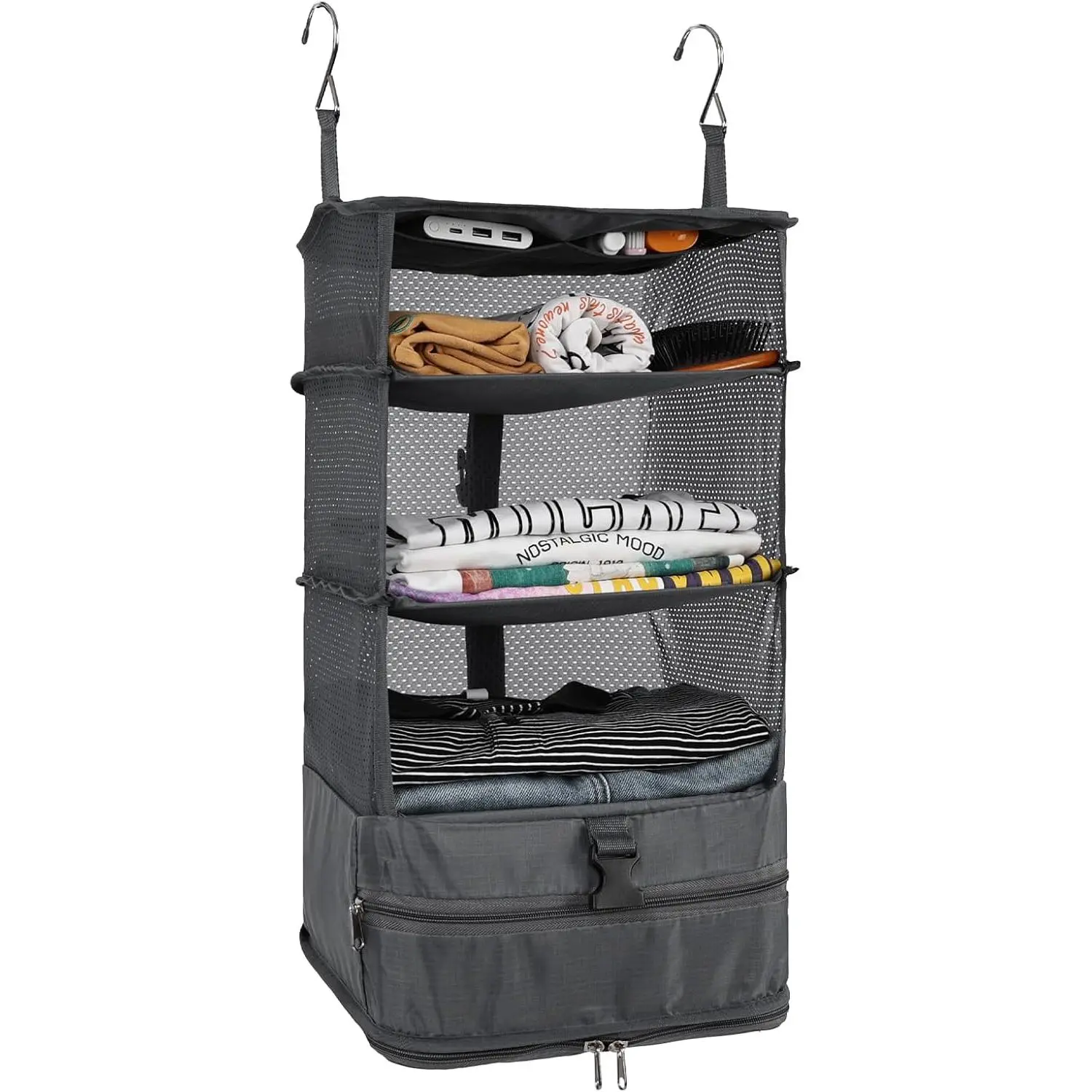 Lightweight 5-Tier Mesh Foldable Hanging Packing Organizer with Shoe Compartment, Multi-Purpose Storage Bag for Luggage, Closet Use