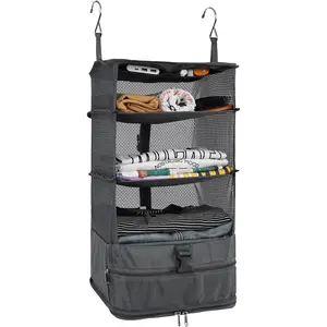 Lightweight 5-Tier Mesh Foldable Hanging Packing Organizer with Shoe Compartment, Multi-Purpose Storage Bag for Luggage, Closet Use