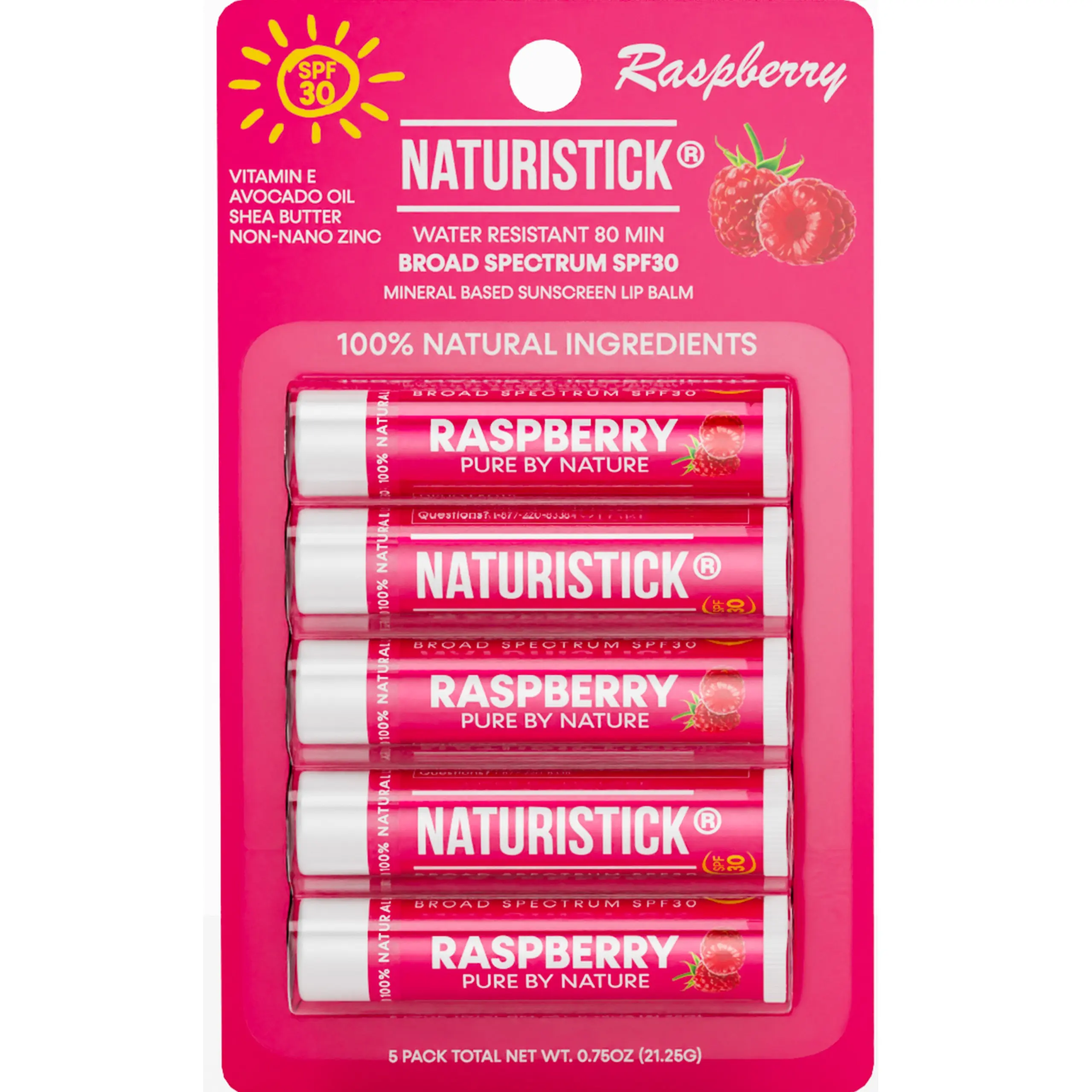 Naturistick UV Pro Mineral SPF 30 Lip Sunscreen 5-Pack | Raspberry