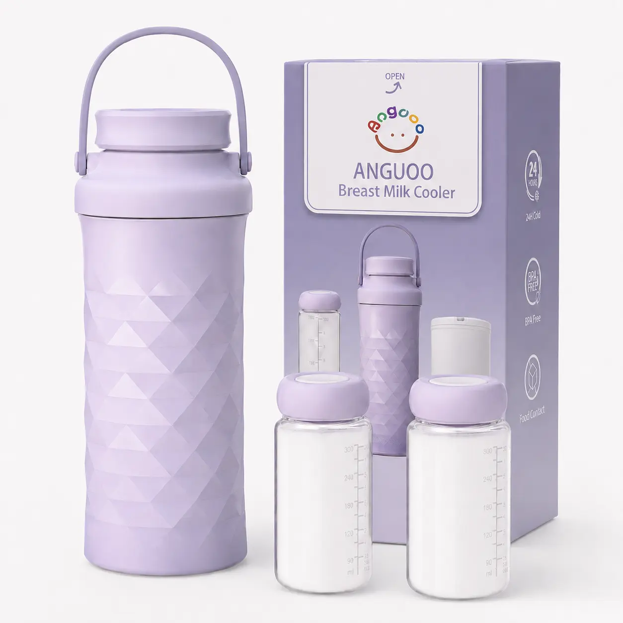 ANGUOO 22oz Portable Breast Milk Cooler for Outdoor, 360°Total Cooling for 24Hours, Larger Capacity Travel Breastmilk Chiller with 2pcs Baby Bottles for Breastmilk Storage, Essentials Insulated Flask Leakproof Insulated Tumbler
