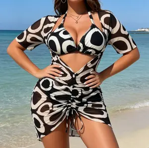 Plus Size Abstract Print Three Piece Set Deep V halter bikini top with matching high waist bottoms, paired with short sleeve ruched cover-up dress, all featuring the same black and white abstract geometric print Summer Vibes