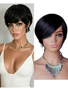 Pixie Short Straight Hair Mixed Color Premium Human Hair Wig, Side Part Long Bangs, 100% Real Hair, 8 Inch, Rose Inner Weave, Breathable Comfort