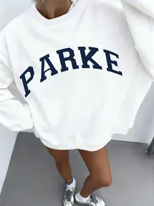 PARKE Retro Vintage Varsity Letter Print Women's Long Sleeve Sweatshirt | Gray & Navy College Style Casual Top | Trendy Retro Aesthetic Daily Wear Pullover | Classic Casual Fashion Sweatshirt