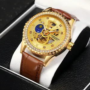 Elegant Gold Automatic Mechanical Watch for Men.Skeleton Dial, Moon Phase, Luxury Design, LeatherStrap