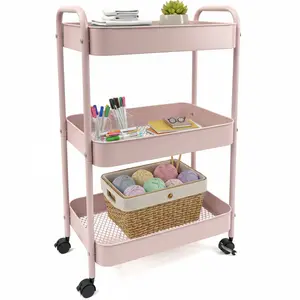 3-Tier Plastic Rolling Utility Cart with Handle, Multi-Functional Storage Trolley for Office, Living Room, Kitchen, Movable Storage Organizer with Wheels