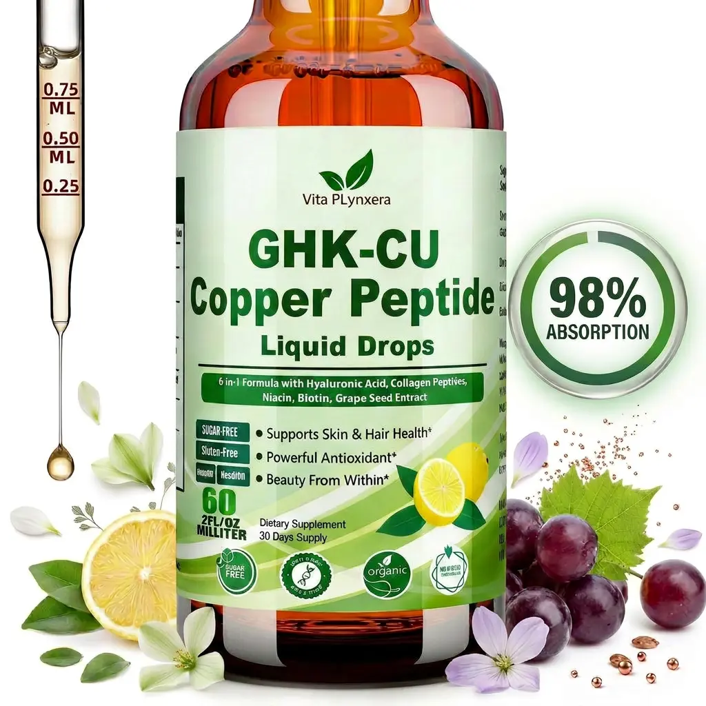 GHK-CU Peptide Supplement Liquid Drops, Premium 6-in-1 GHK CU Copper Peptides w. Marine Collagen Hyaluronic Acid Biotin for Anti-Aging, Skin Hair Growth Support, Oral DropsWomen Men