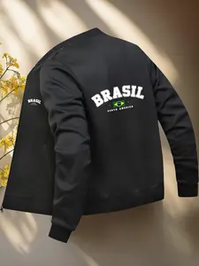Men's Trendy Brazil Print Jacket, Fall & Winter Casual High-End Youth American Style Stand Collar Zipper Coat, Geometric Pattern